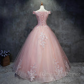 Pink Cap Sleeves Ball Gown Tulle With Lace Sweet 16 Semi Formal Prom Dresses, Long Quinceanera Dresses